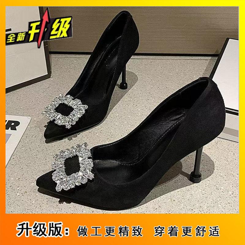 

Остроносые модные универсальные туфли на тонком каблуке со стразами и квадратной пряжкой 2025 европейско-американские новые туфли на высоком каблуке, темпераментные туфли для светской львицы для банкета 40