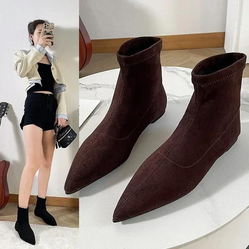Women Pointed Toe Heels Shoes Sexy Designer Gladiator Short Boots Low Heels Mid Calf Rubber Sole Women's Botines Para Mujeres