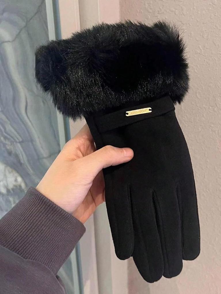 Women's Thick Windproof Touch Screen Gloves With Plush Cuffs For Warmth, Outdoor Cycling Sports Wear, Autumn And Winter Style