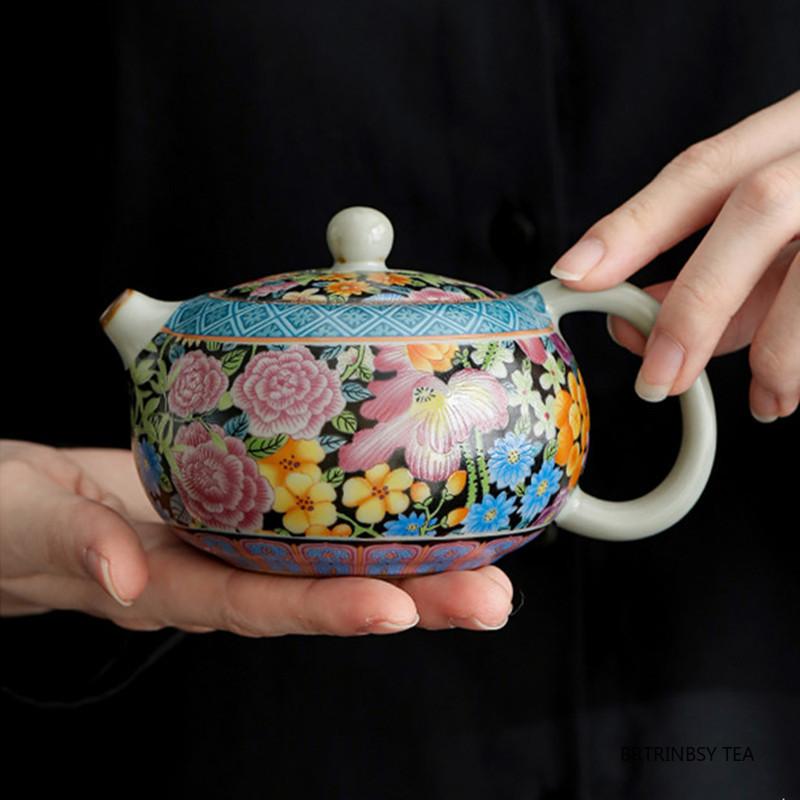 210ml Traditional Ru Kiln Ceramic Teapot Handmade Flowers Pattern Xishi Tea Pot Ball Hole Filter Kettle Portable Chinese Tea Set