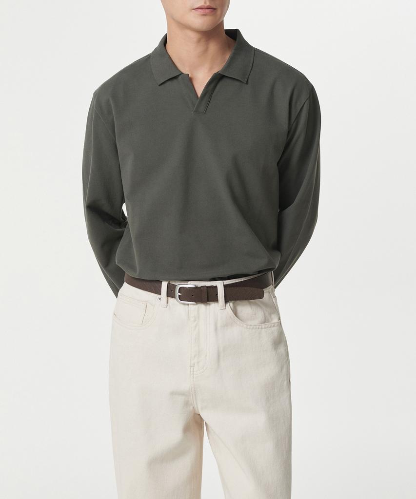 Musinsa Standard Slit Neck Long Sleeve Pique Polo Shirt [Khaki]