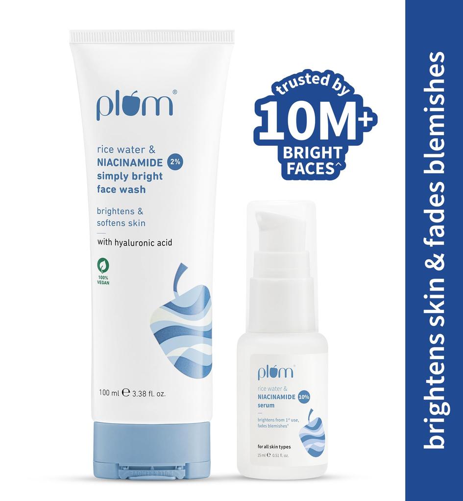 Plum Skin Brightening Combo | 2% Niacinamide Face Wash with Rice Water 100ml + 10% Niacinamide Serum 15ml | For All Skin Types