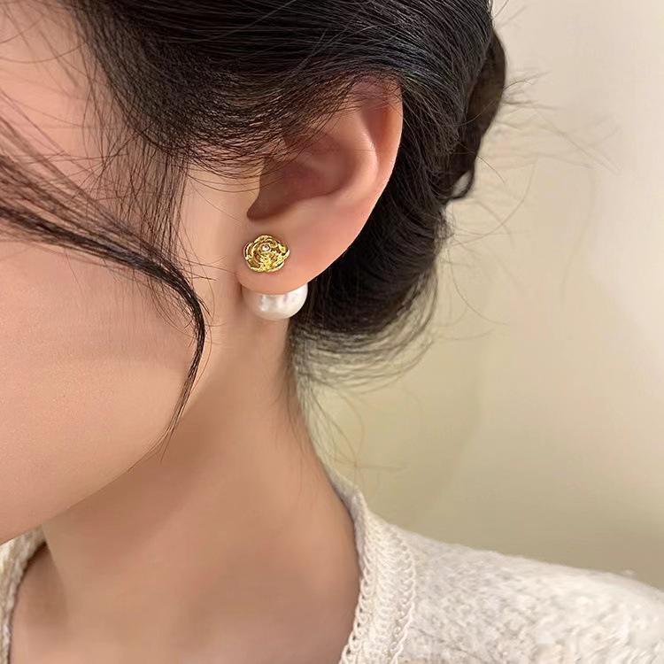 Elegant Two-Way Retro Camellia Pearl S925 Silver Ear Studs