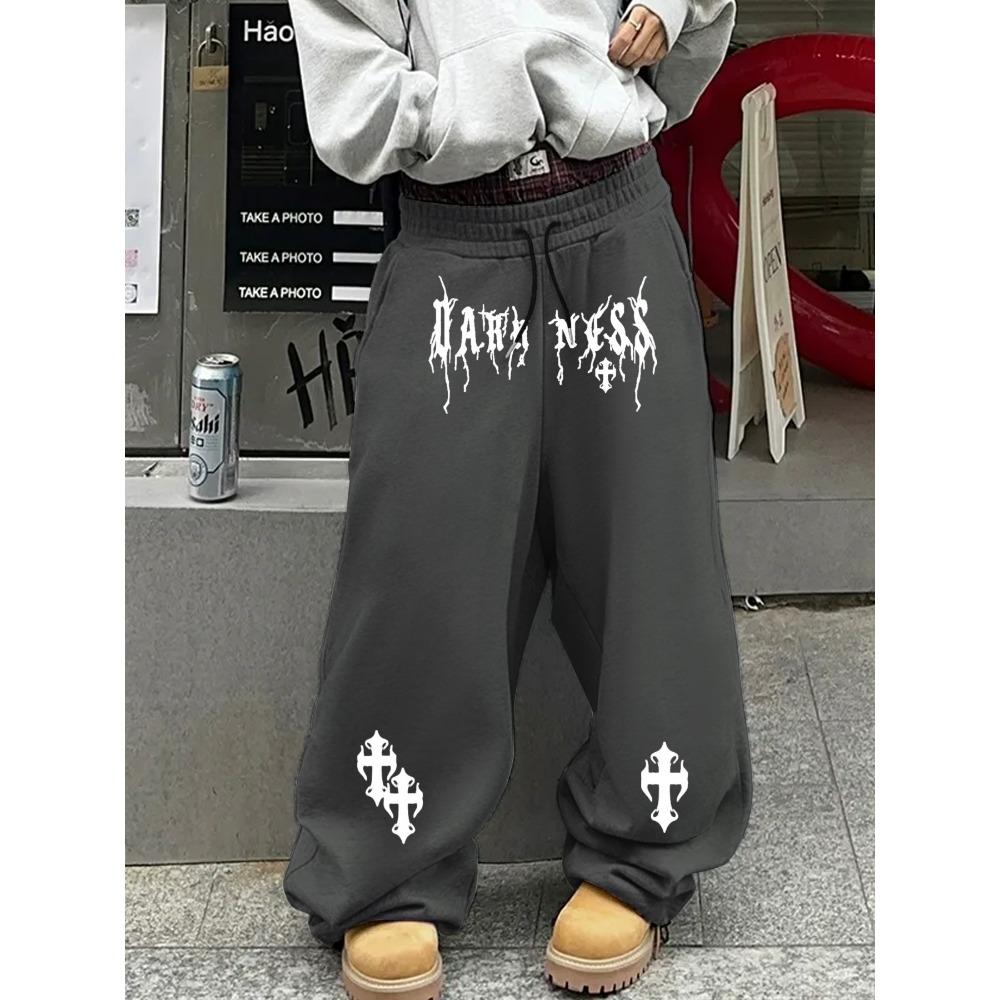 Men's Urban Black Sweatpants, Wide Leg with White Abstract Tribal & Art Prints, Drawstring Loose Fit Streetwear Essentia