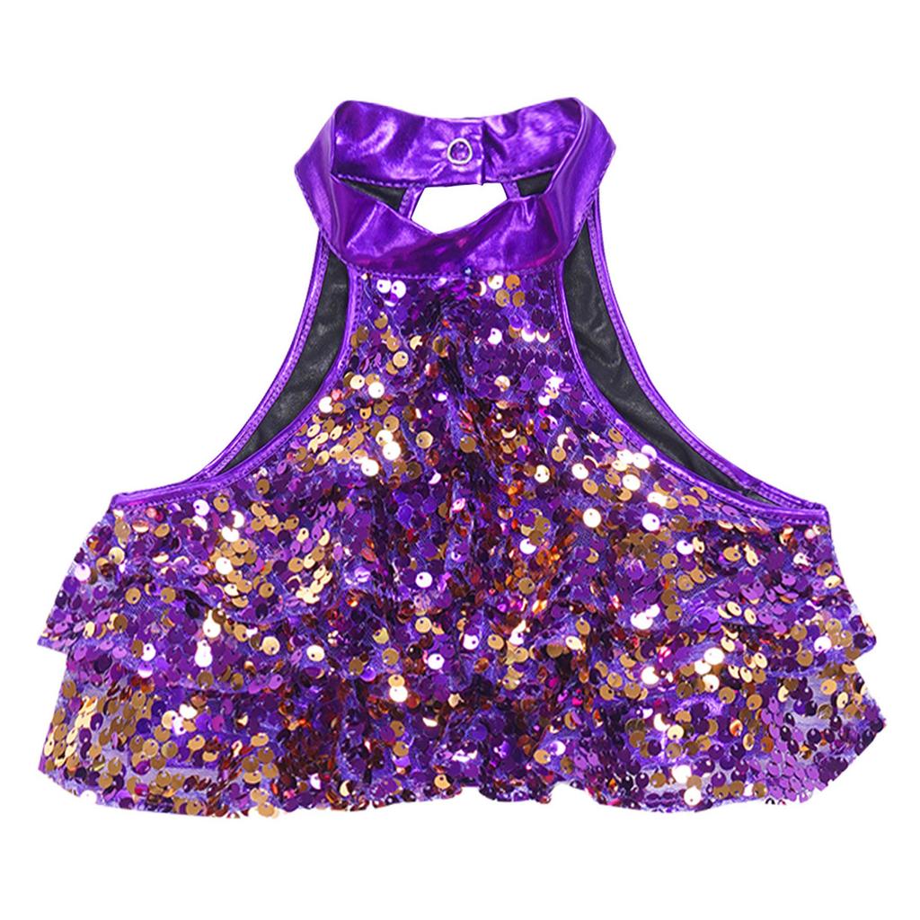 Girls Sleeveless Mock Neck Shiny Sequin Tiered Backless Crop Top Dance Performance Top