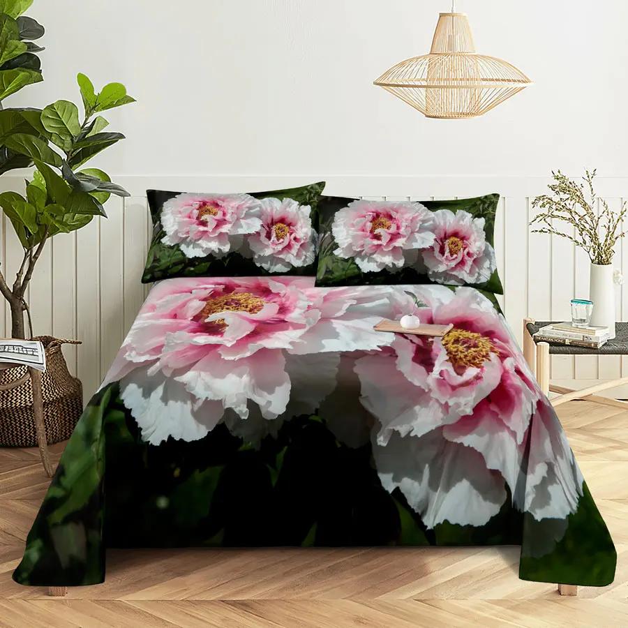 Pink Floral Bed Sheet Set Pillowcase Bedding Linens Cover Flower Queen King Twin Full Size for Single Double Bed Soft Thin
