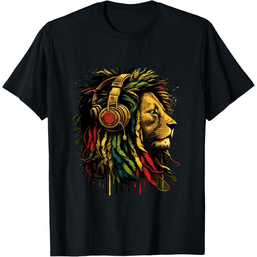 Rasta Reggae Music Headphones Jamaican Pride Lion Of Judah T-Shirt S