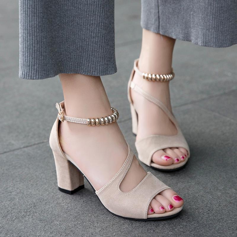 Women Sandals Spring Summer Sexy Fish Mouth Sandals Women Hollow Roman Thick Heel Word with Beaded Sexy High Heels Shoes Women