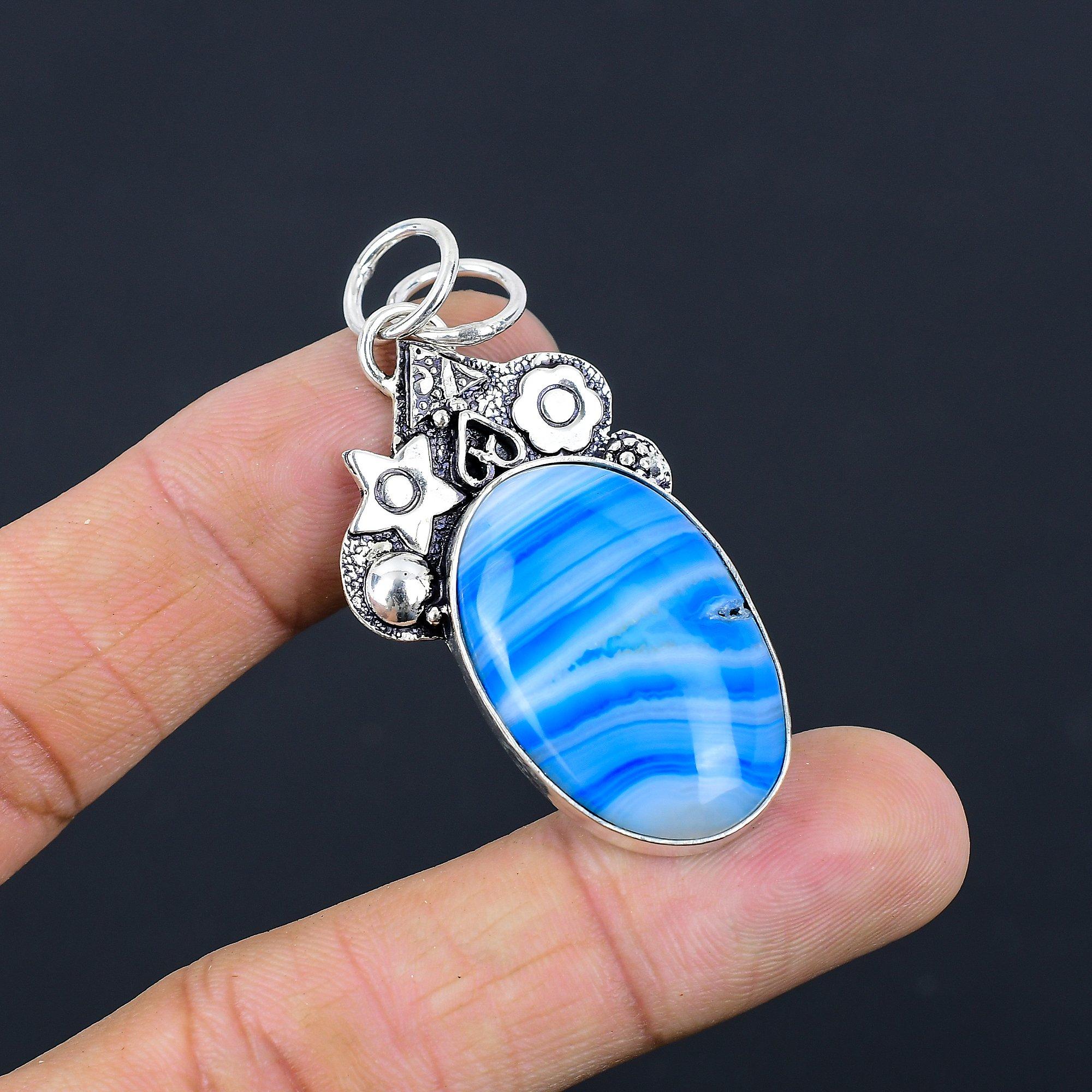 Friendship Day Sale Oval Blue Botswana Agate Gemstone 925 Silver Sister Pendant