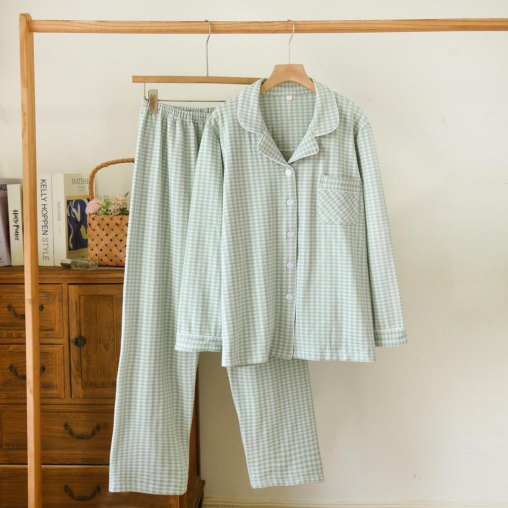 De Velvet Couple's Autumn/Winter Pajama Set: Women's Simple Check Long Sleeve & Men's Loose Casual Home Wear, Also Suitable for Spring Outdoor Wear