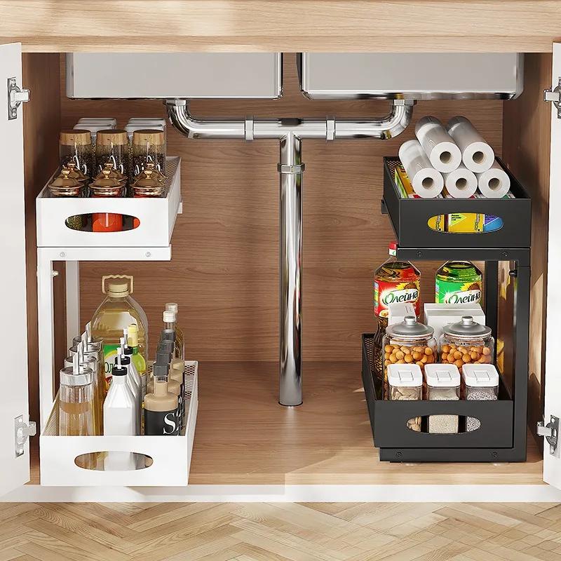 Under Sink Organizers and Storage, Adjustable 2 Tier Metal Pull Out Cabinet Organizer for Bathroom, Kitchen, Pantry