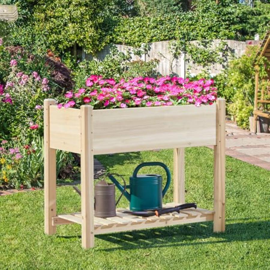 34x18x30in Horticulture Raised Garden Bed 2pcs Planter Box with Legs Storage Shelf Wooden Elevated Vegetable Growing Bed for Fl