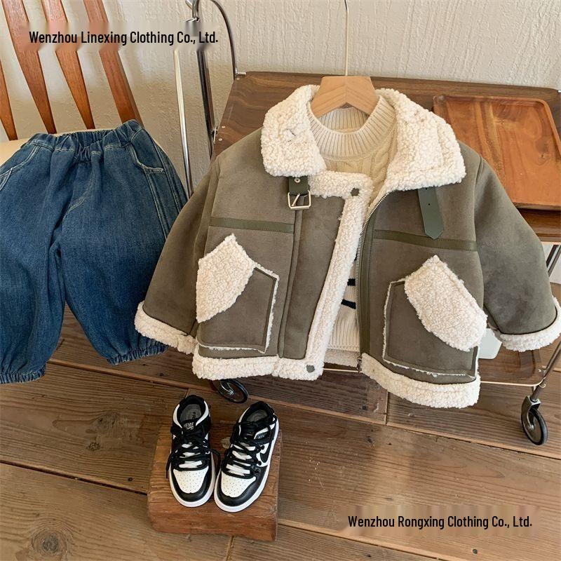 Motorradjacke für Jungen mit Fleecefutter und Pelzbesatz - Dicke Lammwoll-Winterjacke für Kleinkinder und Kinder