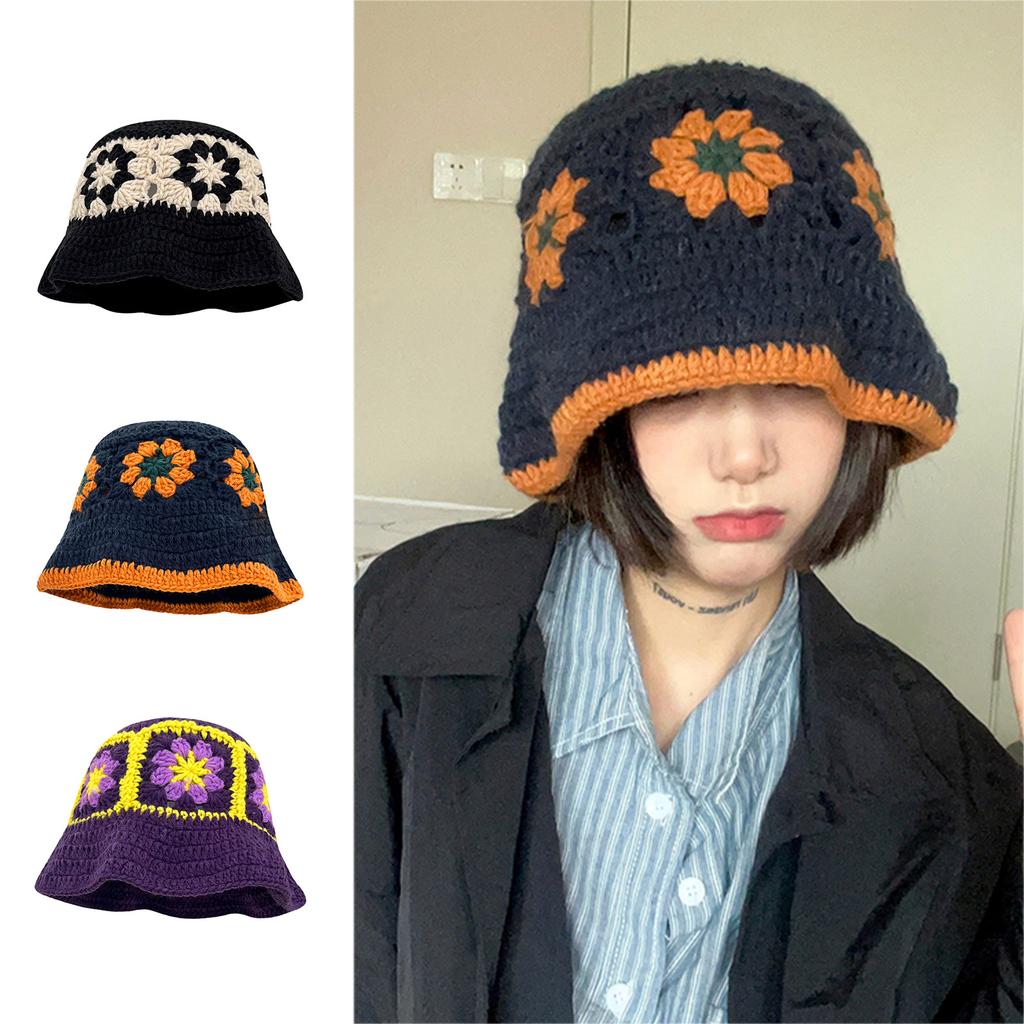 Knit Flower Bucket Hat for Woman Breathable Multi-color Weaving Wide Brim Bucket Hat Adult Teens Summer Fisherman Cap