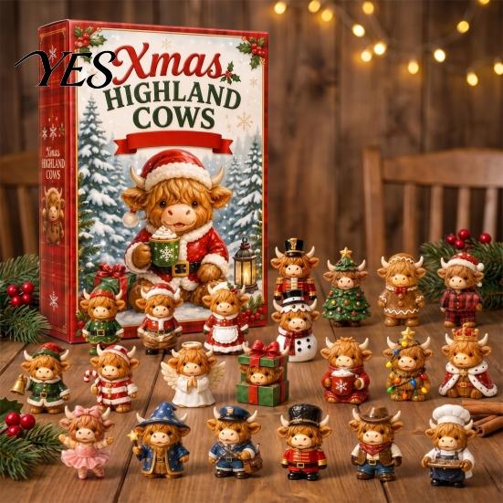 Creative Holiday Gifts 24 Days 3D Highland Cow Advent Calendar 2026, Christmas Countdown Cute Desk Figurines with Farm Cattle Mini for Ornaments
