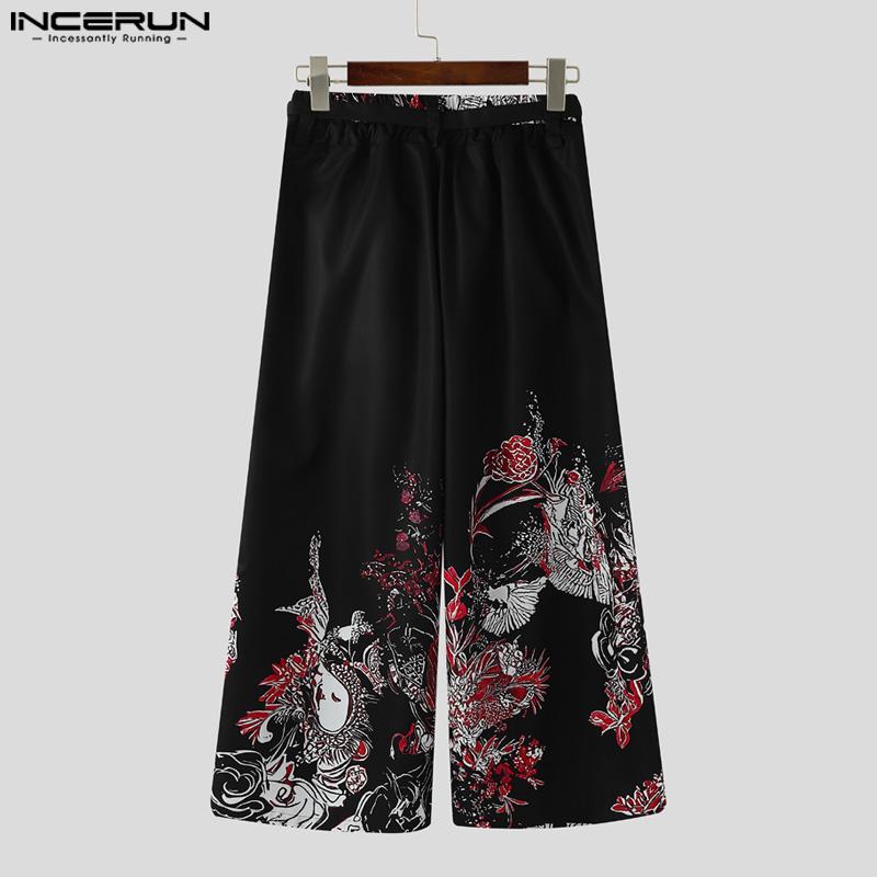 INCERUN Men Elastic Waist Floral Print Bandage Casual  Long Wide Legs Pants