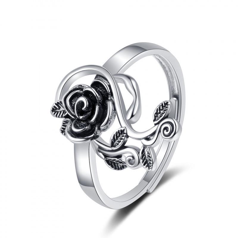 Silver Retro Thai Rose Leaf Ring - Women's Versatile Temperament Index Finger Accessory