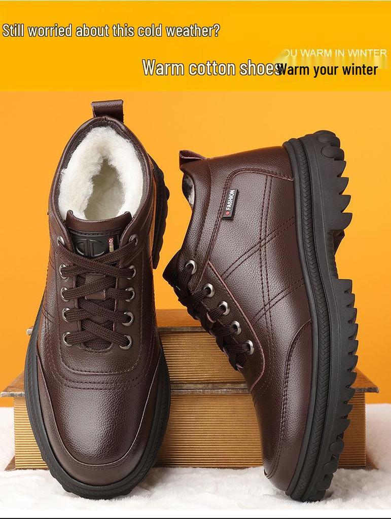Men's High-Top Winter Leather Cotton Shoes - Thick, Warm, Casual Style