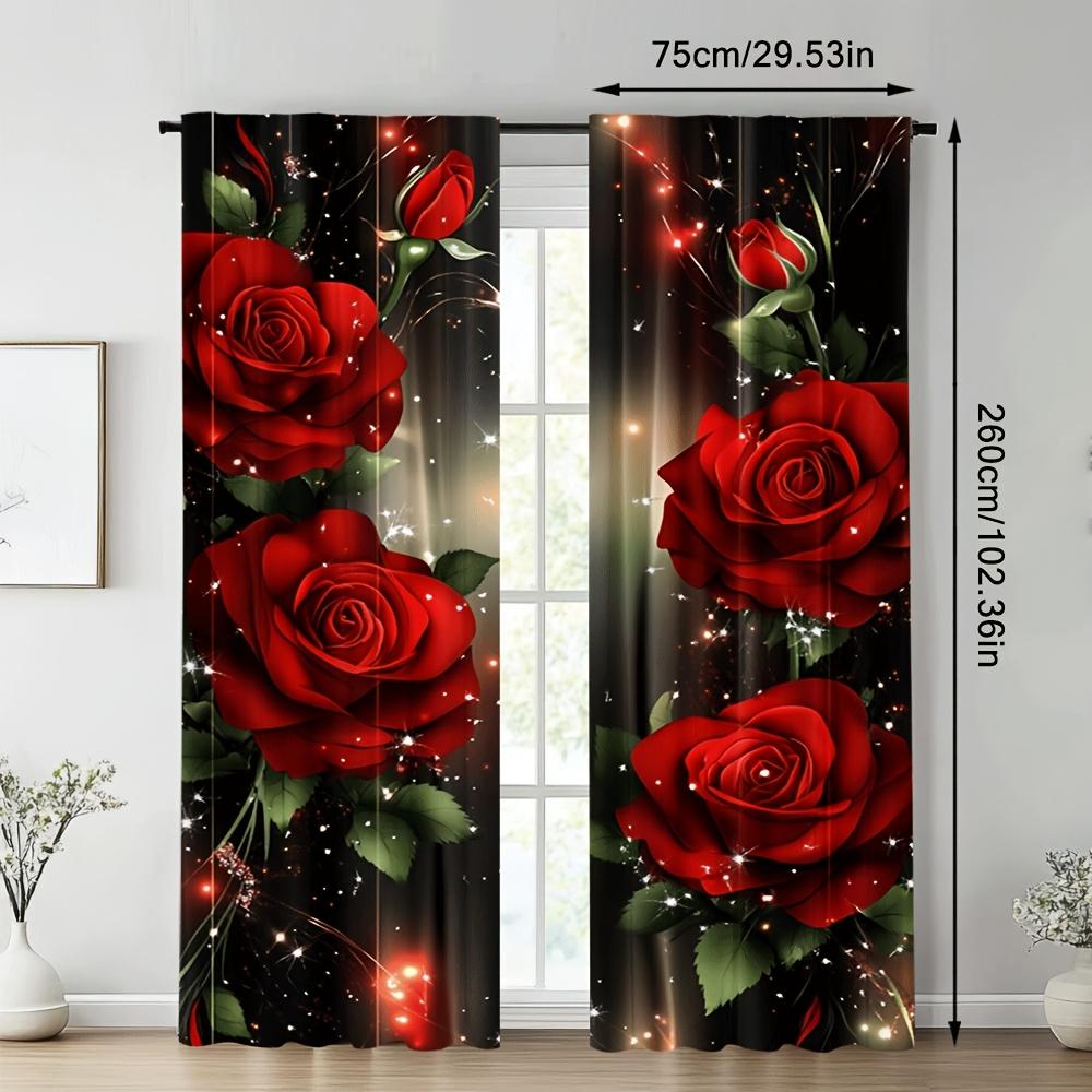 Set Of 2 Rose Illusion Door Curtains Black Background Red Sparkle Semi Translucent Bedroom Living Room Decor Light Filtering Made Polyester Window