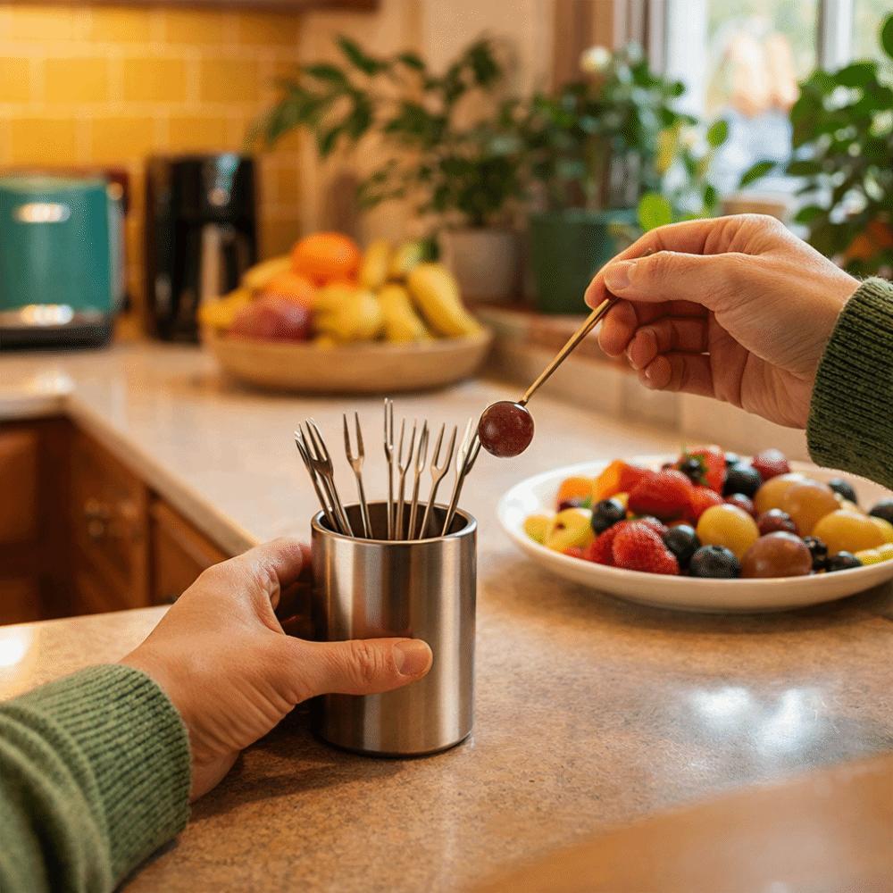 Cylinder Fruit Fork Holder Stainless Steel Mini Metal Box Toothpick Jar Holder Dining Table