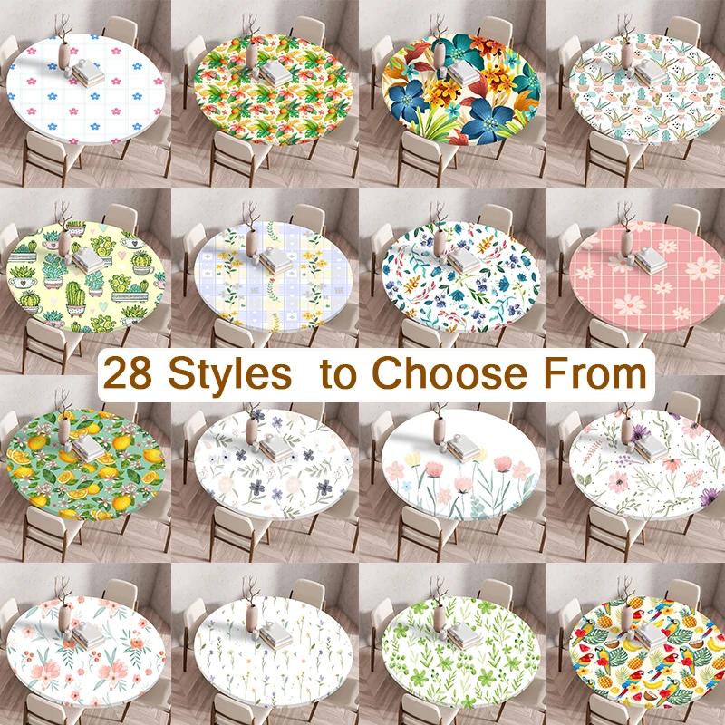 Plant Flower Patterns Round Tableclothes for Dining Table Fitted Table Protector Cover Elastic Edge Desk Decoration Waterproof