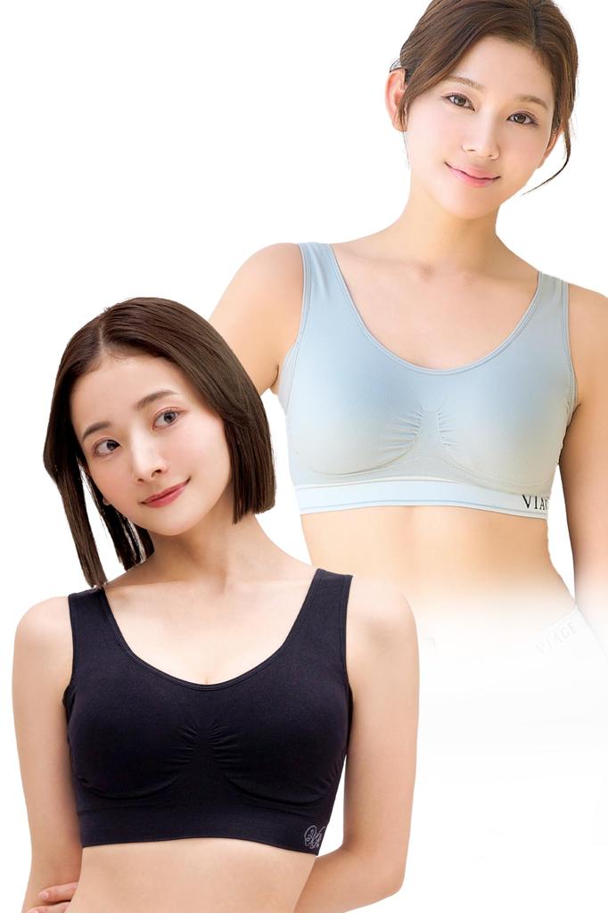 VIAGE Beauty Up Night Set of 2 Gray X 6 Sizes High Underarm Compression Design On the No Tight Feeling Bra, (Black/Cool Gray, M) Available, Design,