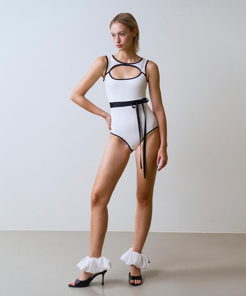 VINAJ Asymmetrical Long Ribbon Lace Shoulder Monokini (White)