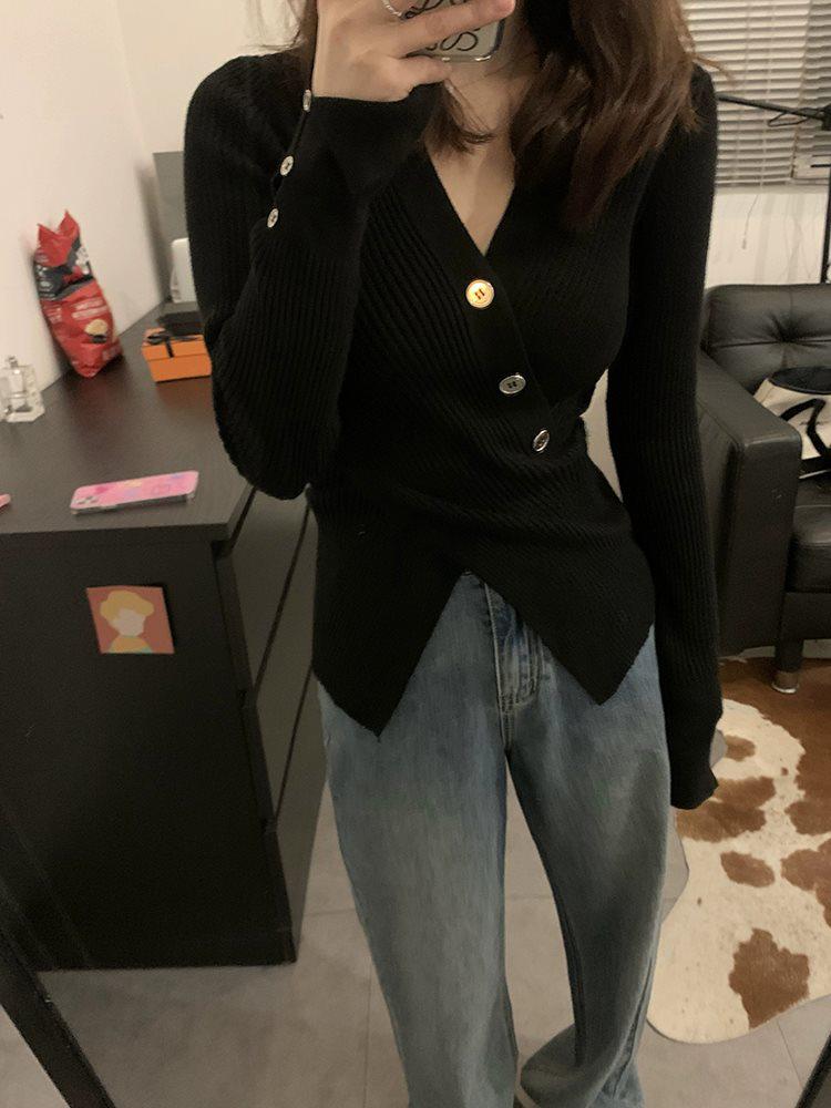 2025 Apricot Ribbed V-Neck Cinched-Waist Sweater - Women's Slimming Knitwear for Spring, Autumn, and Winter