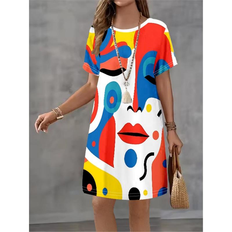 Vintage Flower Print Pattern Design Sense Pattern Women Dress Summer Elegant Women A-Line Dress Casual Short Sleeve Mini Dress