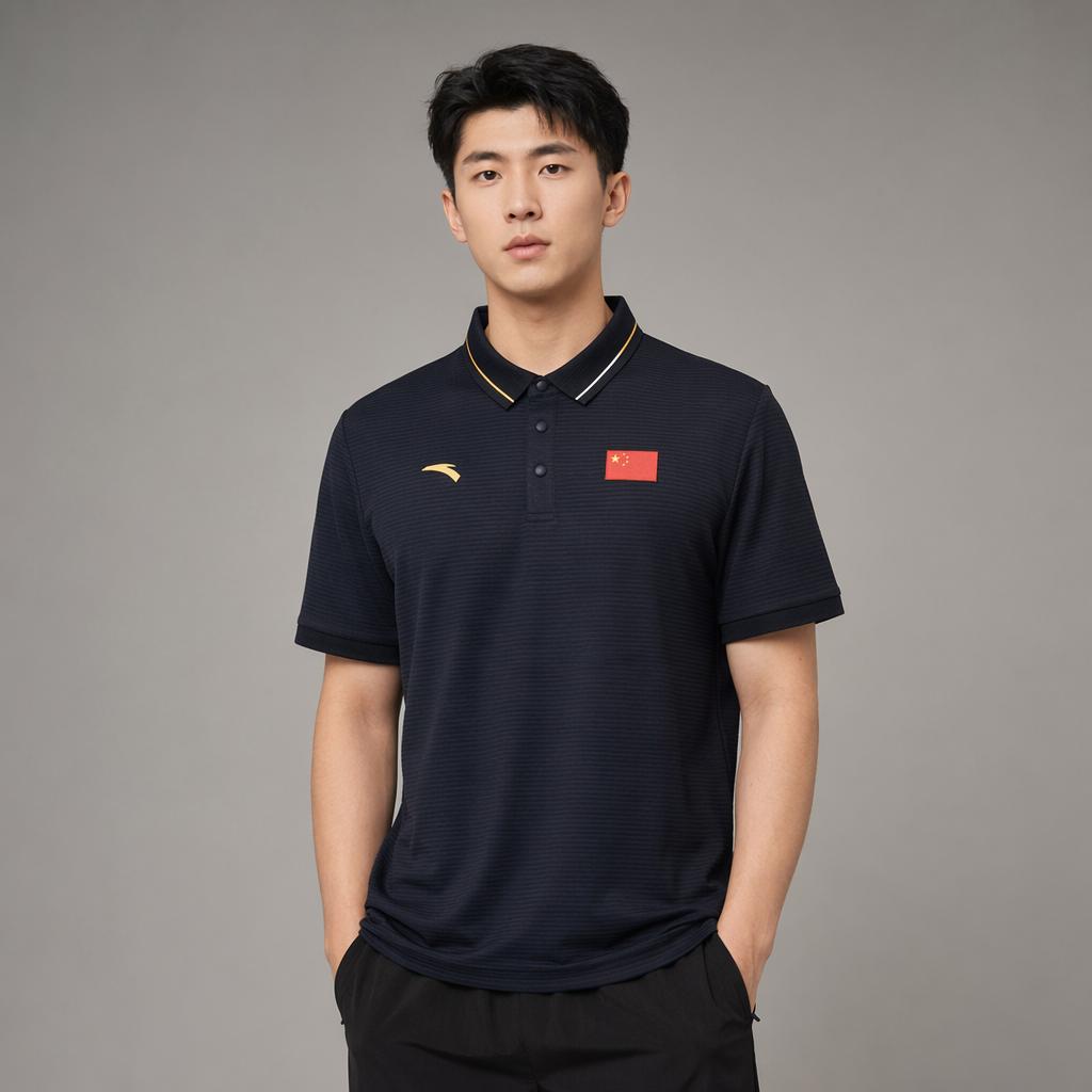 Anta Bequemes Einfaches Vielseitiges Gestreiftes Logo-Print Mode Sport Polohemd Unisex Polohemden Mitternachtsblau 452520104-3