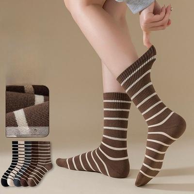 Striped Pile Pile Socks for Women, Mid-calf, Autumn and Winter, Pure Cotton Sweat-absorbing Women's Socks, School-style Retro Socks, Cotton Socks