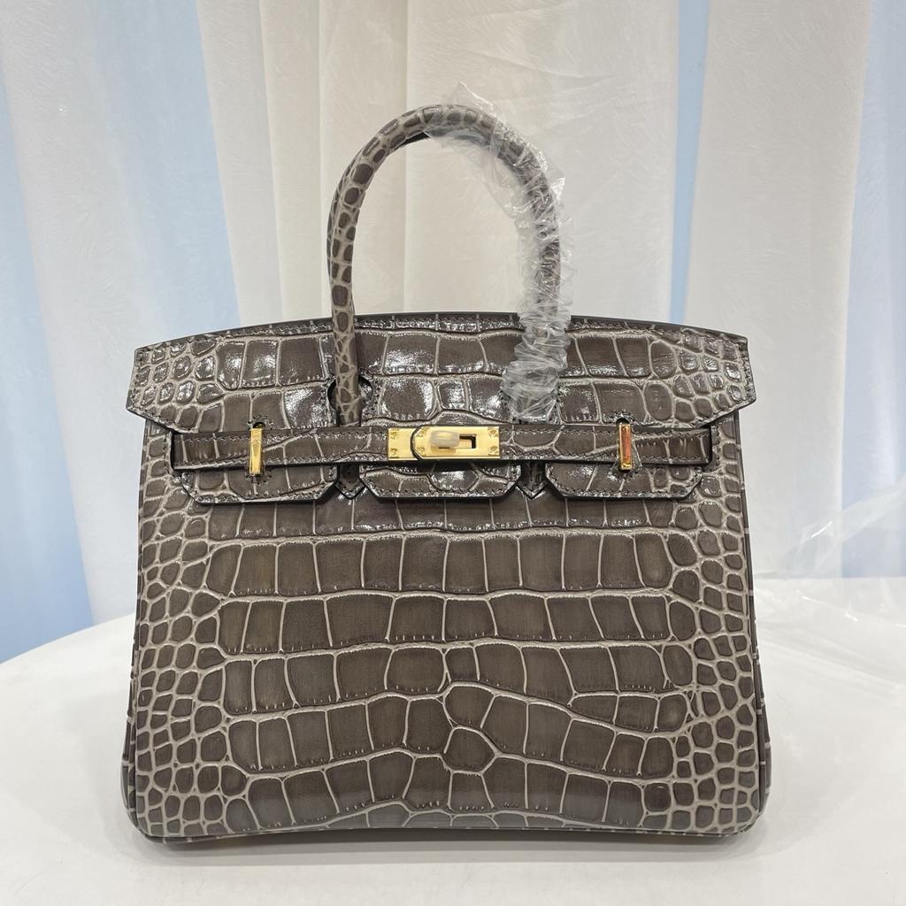 New Top-grain Cowhide Crocodile Pattern Women's Full Pair Version Shoulder Strap Version Handbag Lock Solid Color Women's Bag