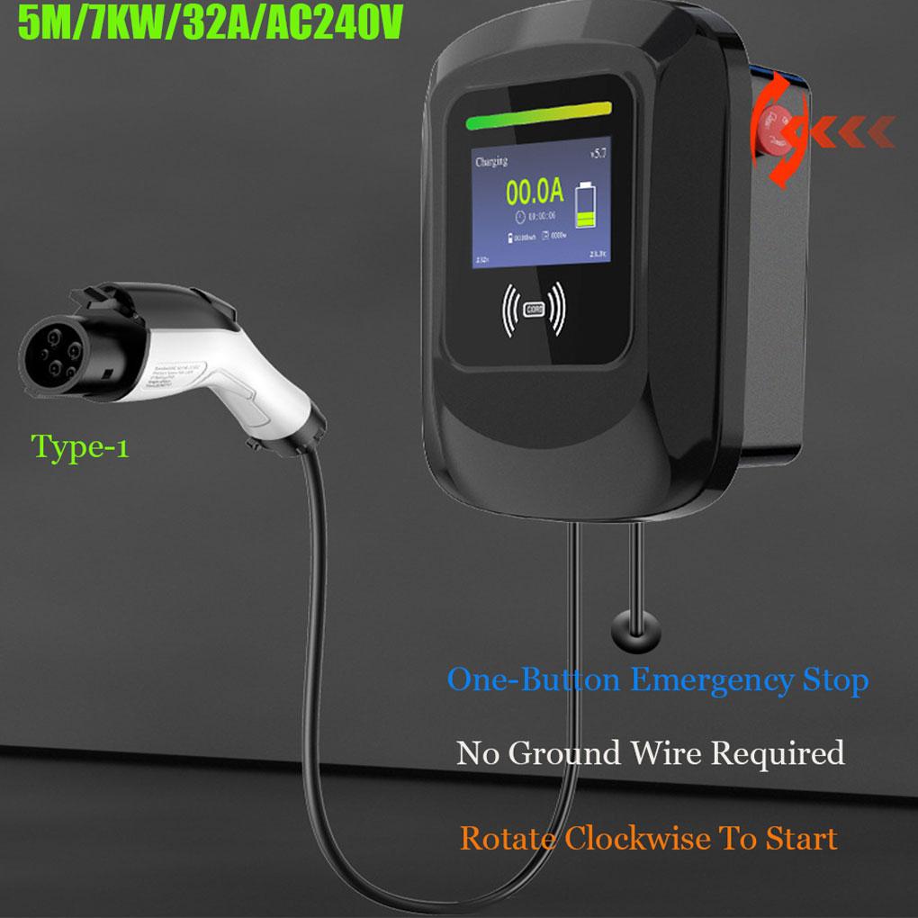 Stație de încărcare EV de 7/7,6 KW Tip 1 Tip 2, cablu EVSE 32A, control prin aplicație, card RFIC, cutie de perete, încărcător de perete pentru vehicule electrice