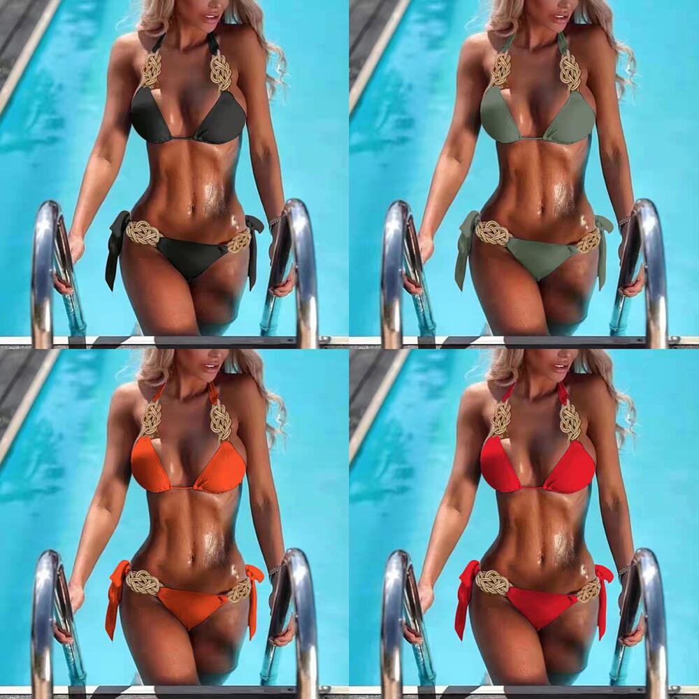 New bikini, solid color split swimsuit, sexy hand-woven women's swimsuit