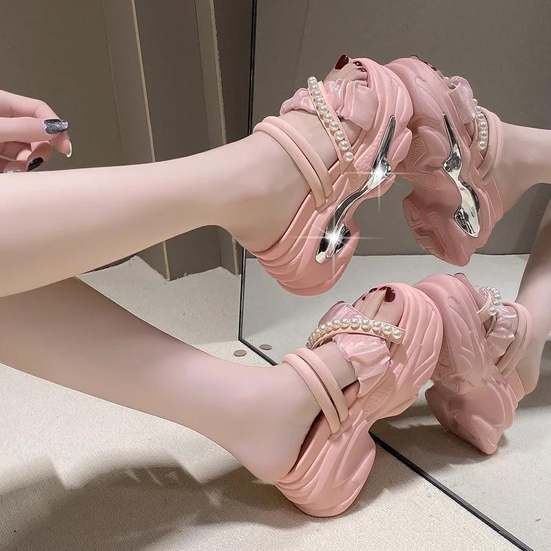 Mode Mode Pärlplatåsandaler Kvinnor Halkfria Kiltofflor Kvinna Sommar Tjock Sula Sandalias Mujer Hög Kvalitet