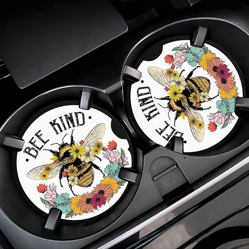 Colorful Flowers and Plants Car Cup Holder Coaster,Car Coasters for Cup Holder,2 Pack Floral Berries Anti-Slip Absorbent Ceramic Car Cup Coasters for