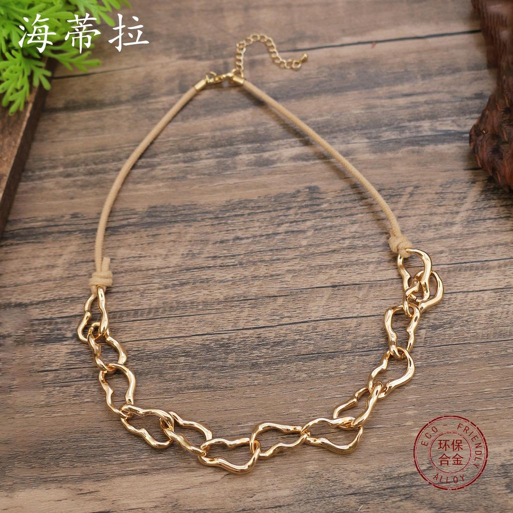 New metal exaggerated geometric leather rope necklace, women's high-end punk metal versatile necklace