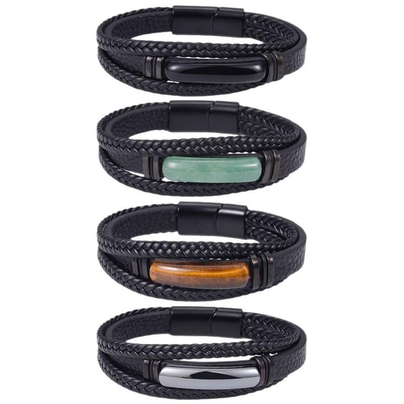 Handgefertigtes mehrlagiges Lederarmband für Herren, Retro-Edelstahlverschluss, Tigerauge-Steinarmband