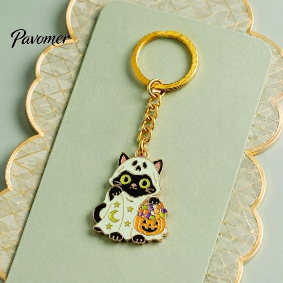 Cat Hanging Ornament Halloween Cartoon Black Keychain, Glow-in-the-Dark Ghost Costume Keychain Keyring, Enamel Kitten Backpacks Decorative Accessory,