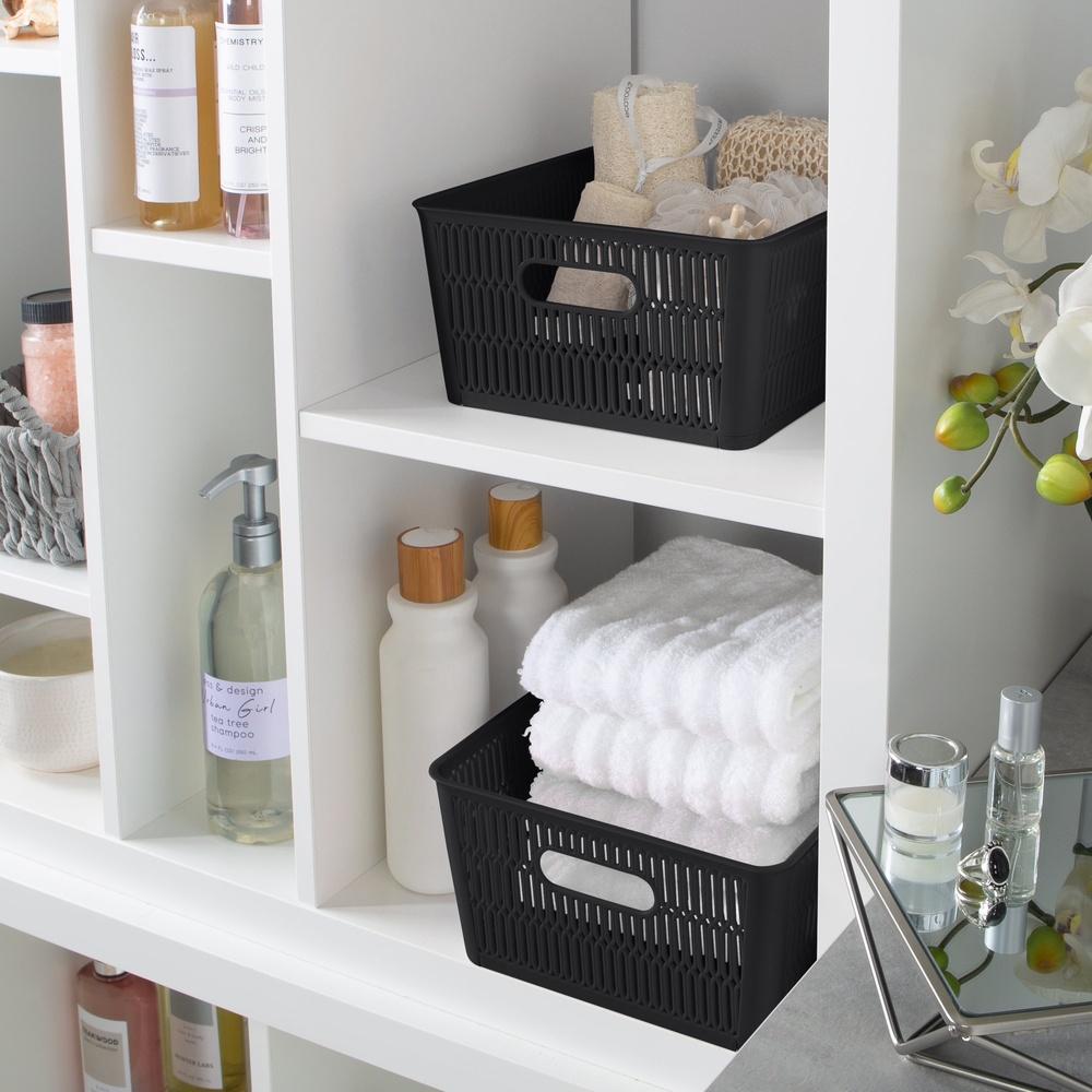 Folie 2 Stapeln Sie es Kunststoff-Aufbewahrungstaschen Körbe 2er-Pack Stapelbare Organisationsbehälter mit Griffen Maximieren Sie den Stauraum Zuhause