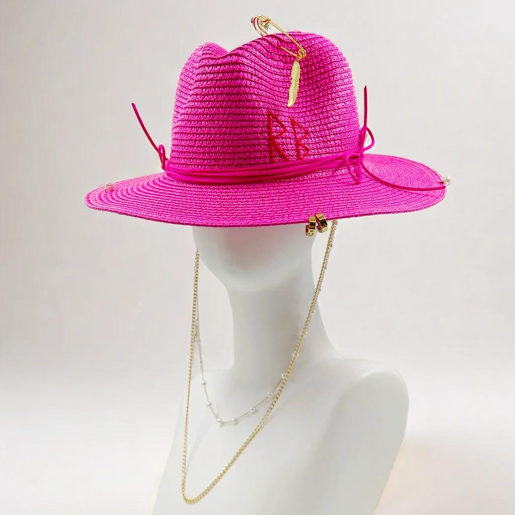 Mode Lettre Rb Chapeau de Cowboy en Paille Femmes et Hommes Été Panama Jazz Chapeau de Soleil de Plage de Vacances en Plein Air 56-58cm