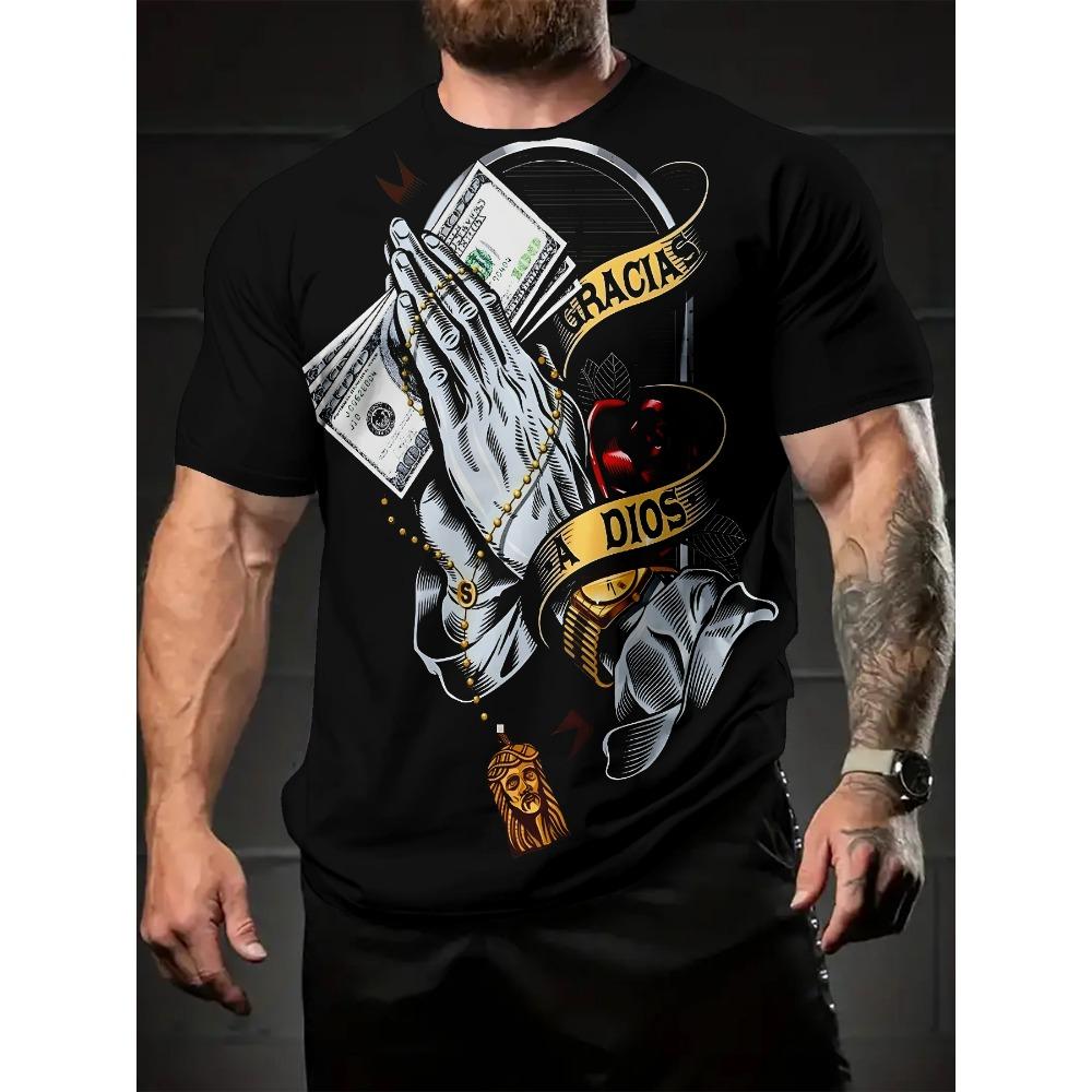 

Мужская футболка с принтом: доллары, молящиеся руки и четки, черная, повседневная, с коротким рукавом, для улицы S