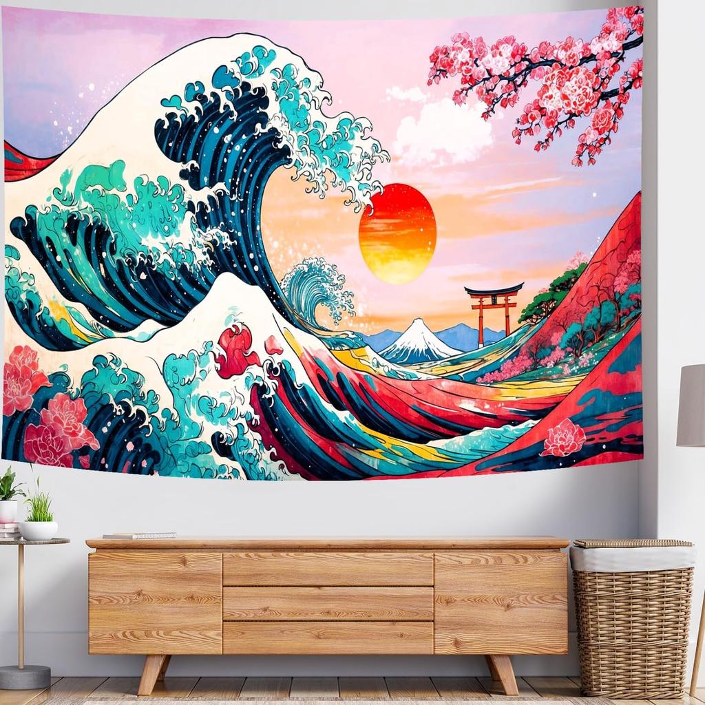 Delur Great Wave Tapestry Japanese Sunset Ocean Sea Wave Off Kanagawa Tapestry Wall Hanging Vintage Asian Anime Cherry Blossom Nature Headboard for