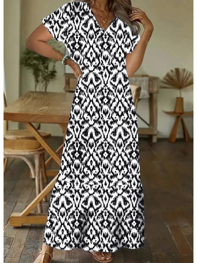 2023 Autumn/Winter European & American Casual V-Neck Printed Mid-Sleeve Dress