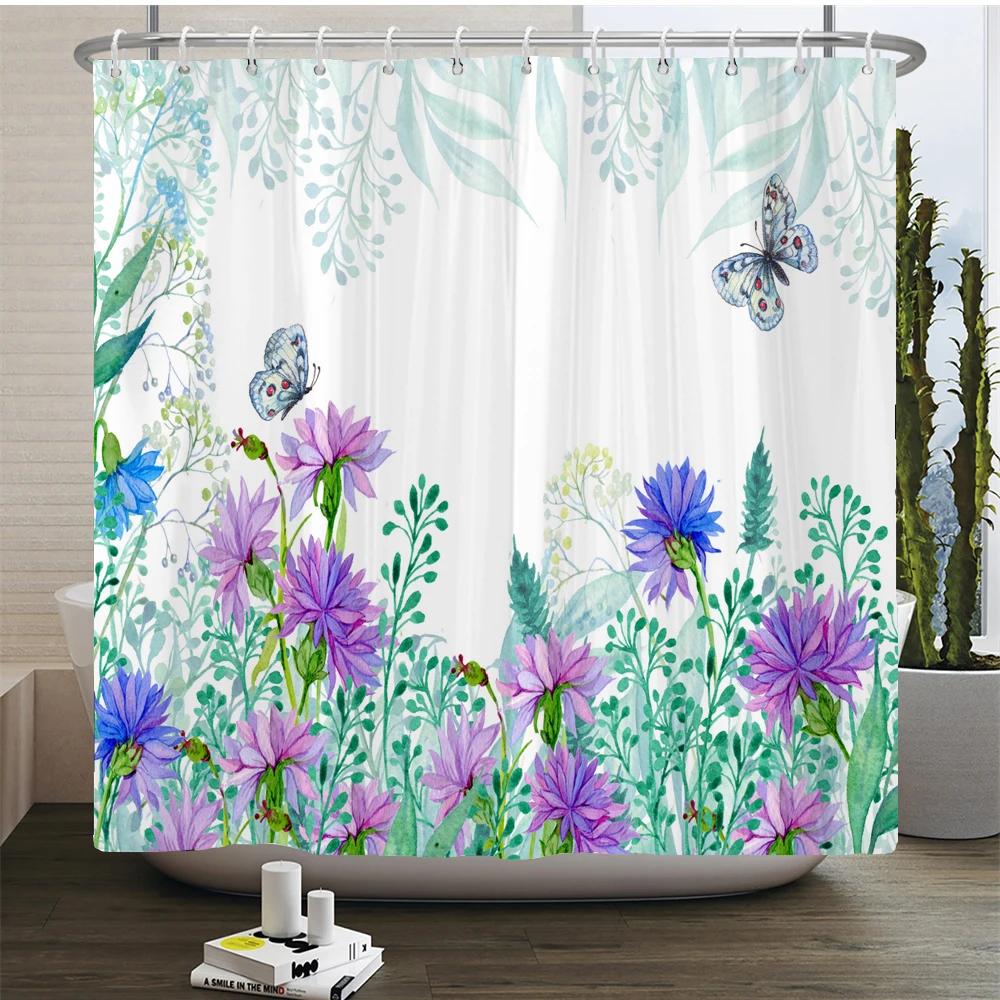 Waterproof Shower Curtain with 12 Hooks Fresh Flowers Leaf Plant Printed Bath Curtains Polyester Cloth Bathroom Accessories