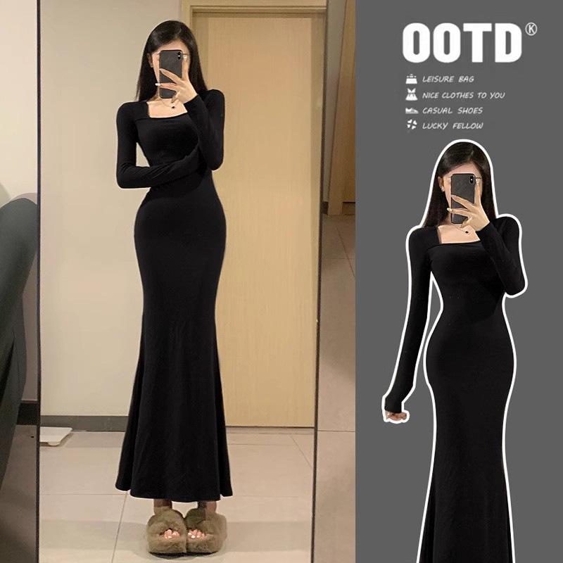 

Black Fishtail Bodycon Dress for Women - Sexy, Slim-Fit Stepmother Style for Early Autumn S (recommended for 80-95 jin)