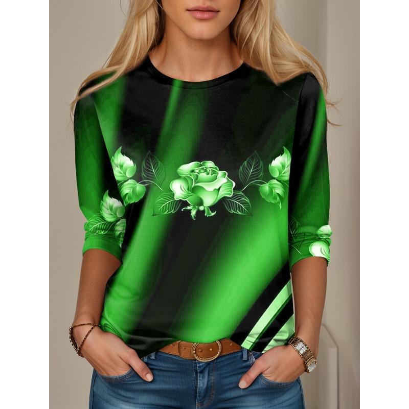 Women s printed long sleeved shirt, fashionable round neck T-shirt XS