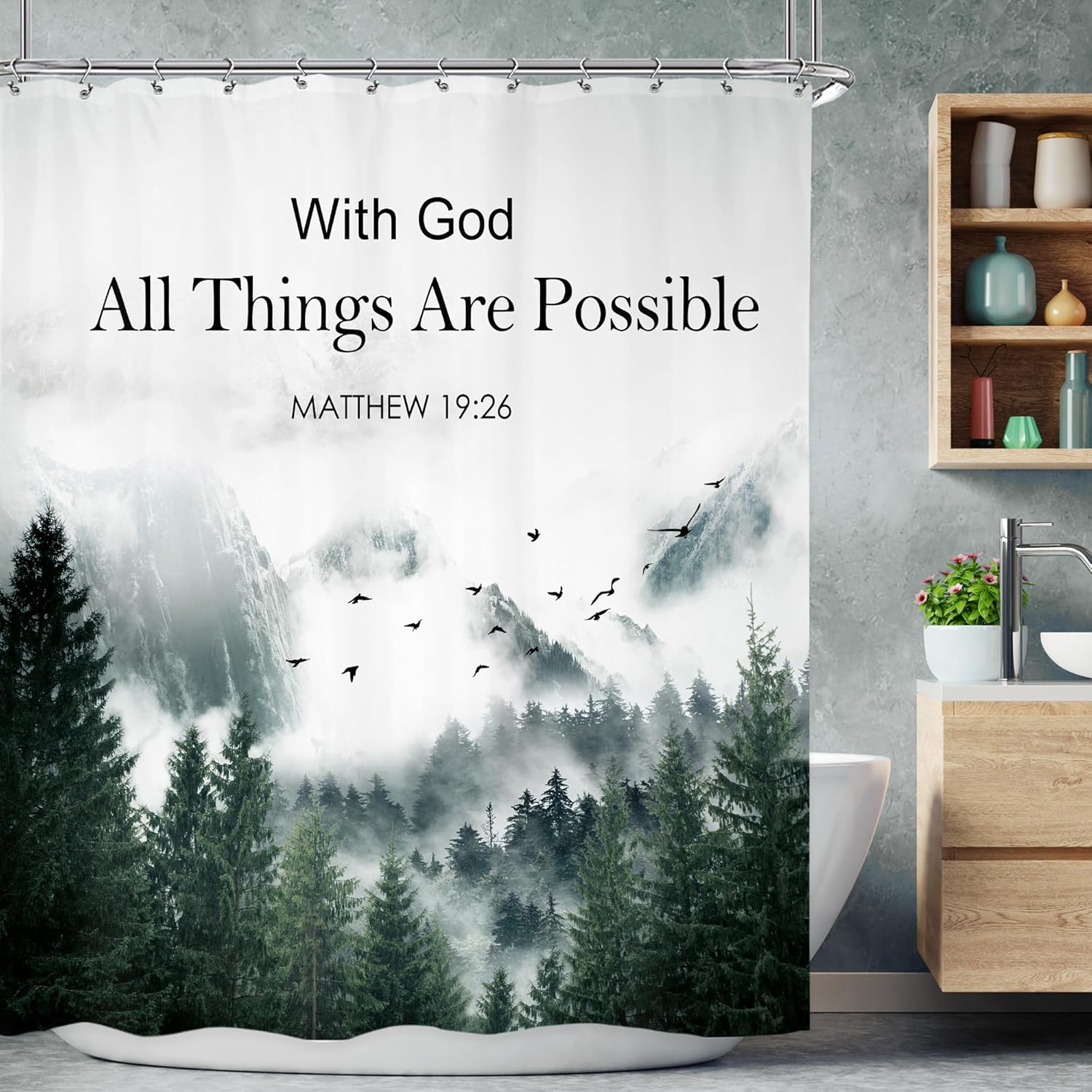 

Bible Verse Shower Curtain With God All Things Are Possible Matthew 19 26 Mountain Forest Scene Faith Inspirational Art Bath 90x180cm35x71in