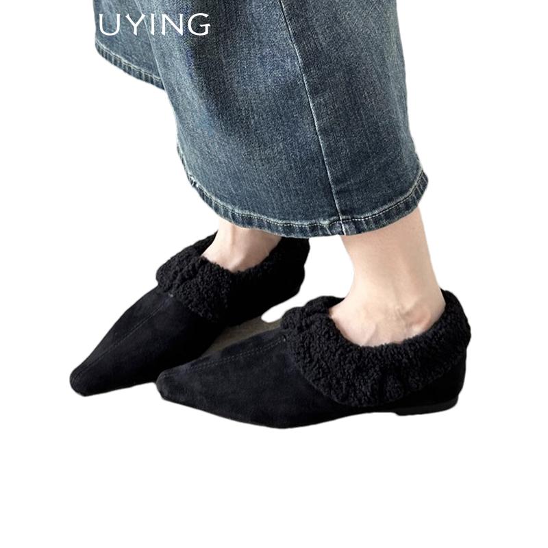 Fur Flats Women Boots Suede Pointed Toe Elegant Short Plush Winter Cotton Shoes 2025 Trend Designer Warm Cozy Chaussures Femme