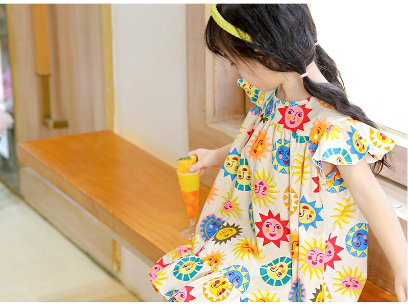 Oujitu Girls' Lace Sleeve Cotton A-line Skirt Dress with Cartoon Print - Spring Children's Clothing